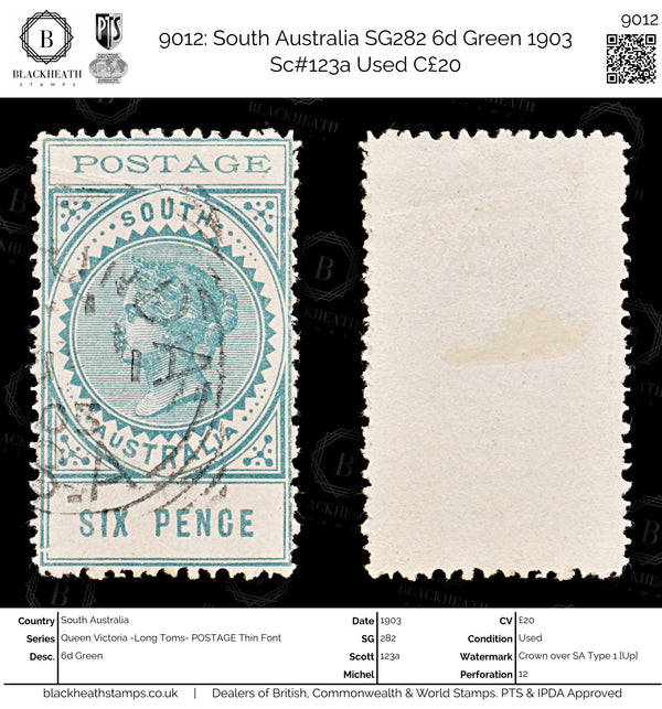 9012: South Australia SG282 6d Green 1903 Sc#123a Used C£20