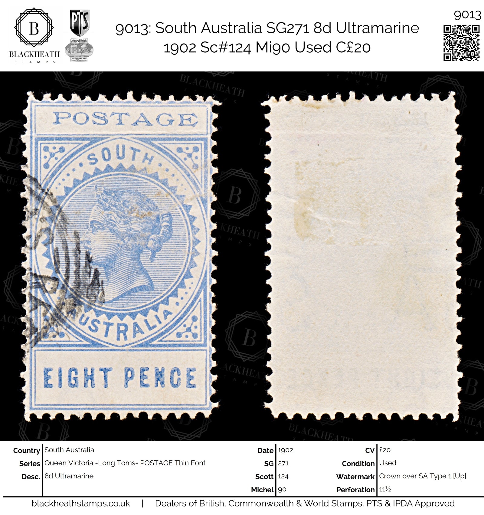 9013: South Australia SG271 8d Ultramarine 1902 Sc#124 Mi90 Used C£20