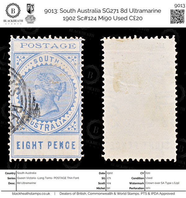 9013: South Australia SG271 8d Ultramarine 1902 Sc#124 Mi90 Used C£20