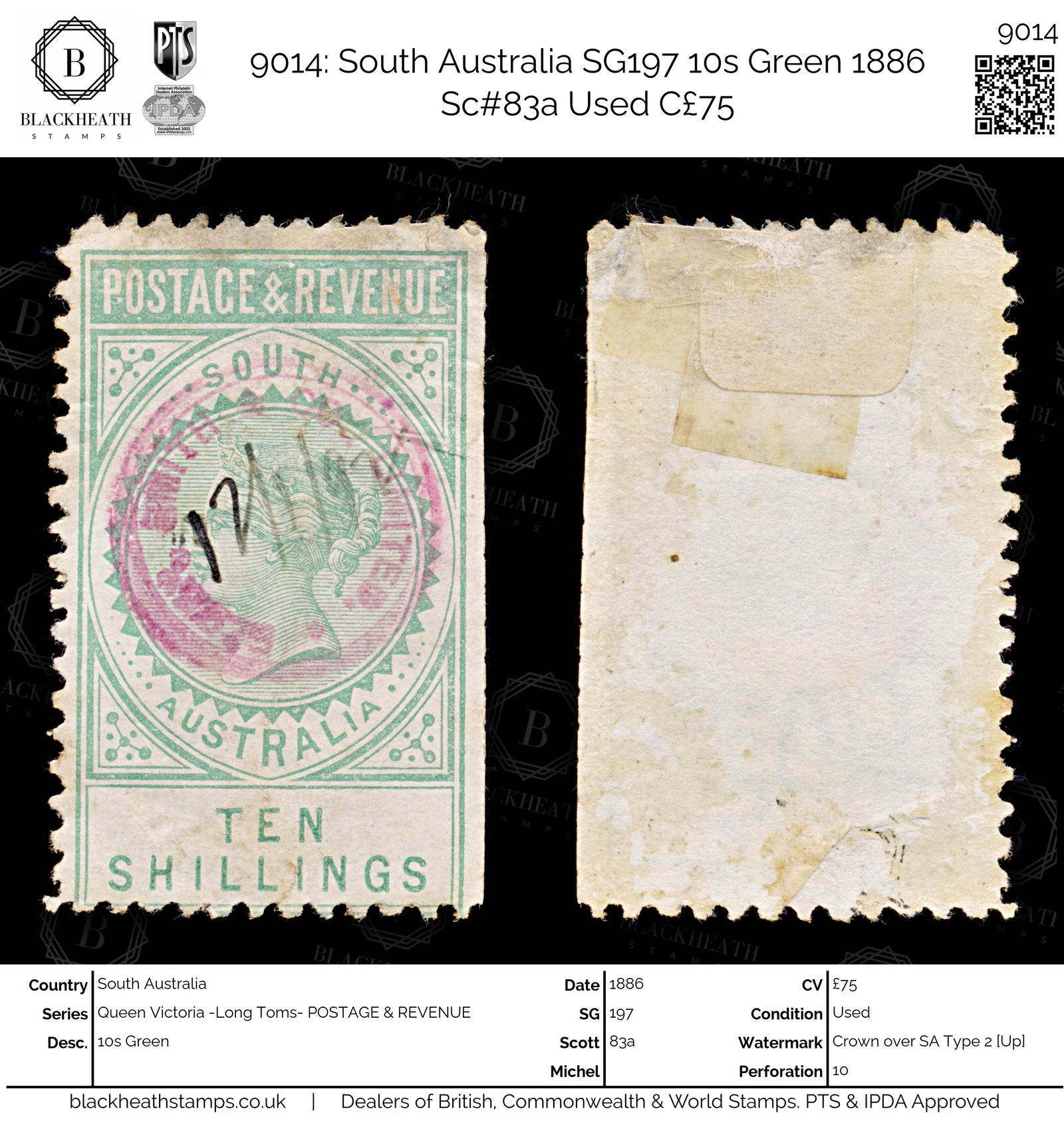 9014: South Australia SG197 10s Green 1886 Sc#83a Used C£75