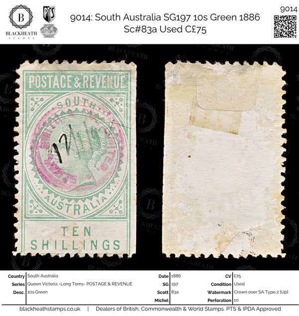 9014: South Australia SG197 10s Green 1886 Sc#83a Used C£75