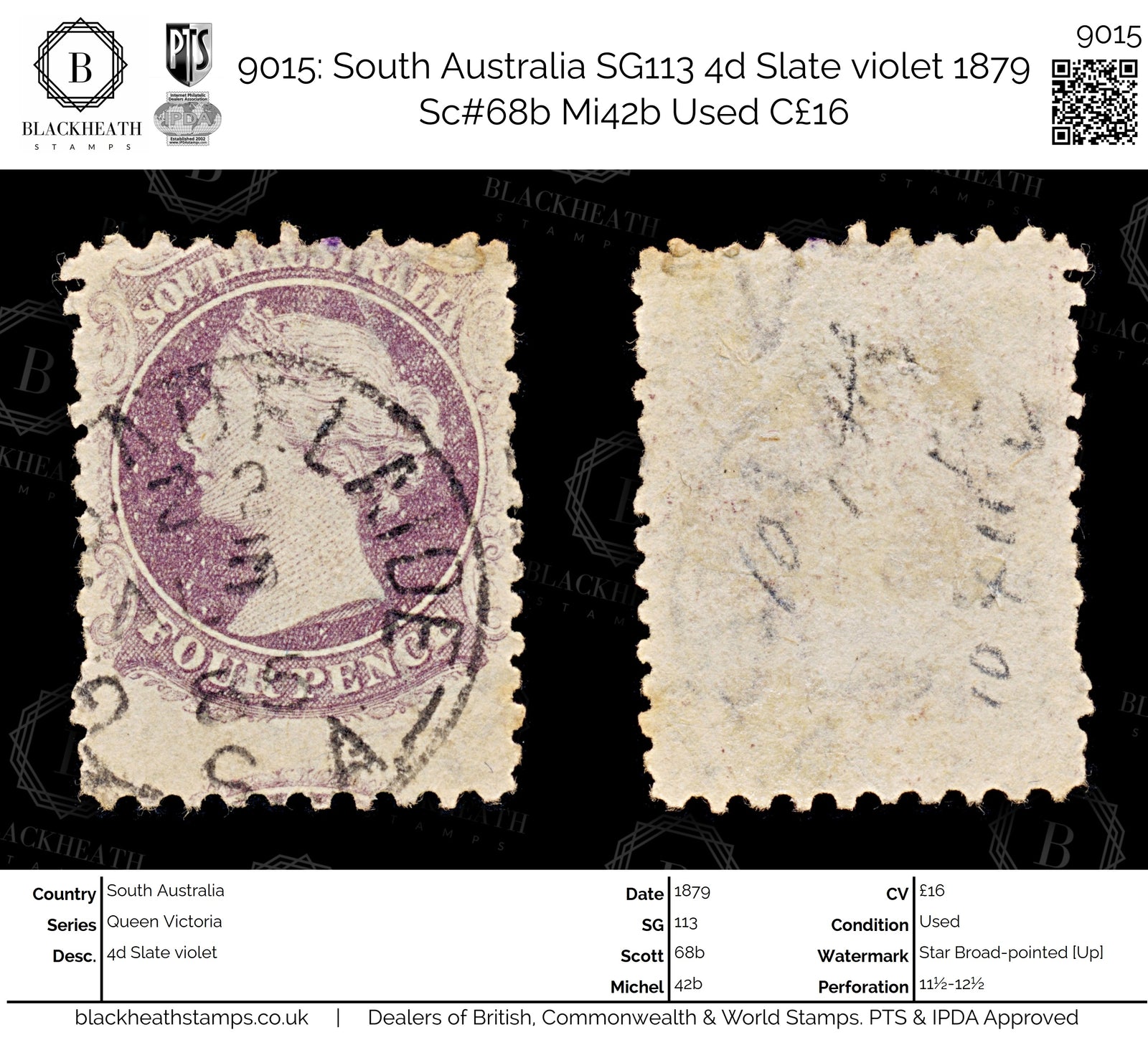 9015: South Australia SG113 4d Slate violet 1879 Sc#68b Mi42b Used C£16