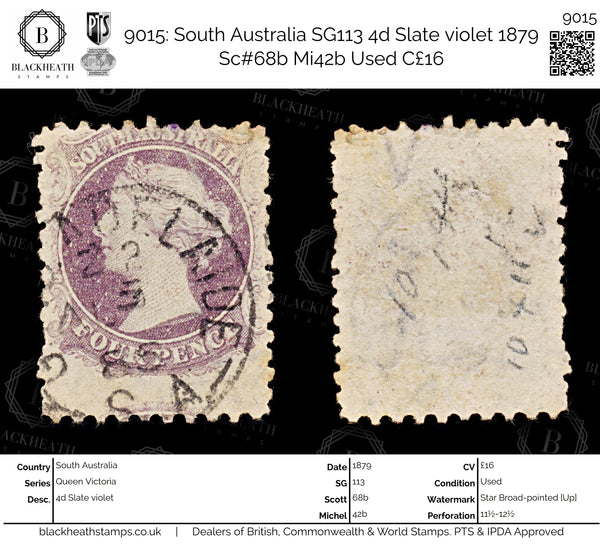 9015: South Australia SG113 4d Slate violet 1879 Sc#68b Mi42b Used C£16
