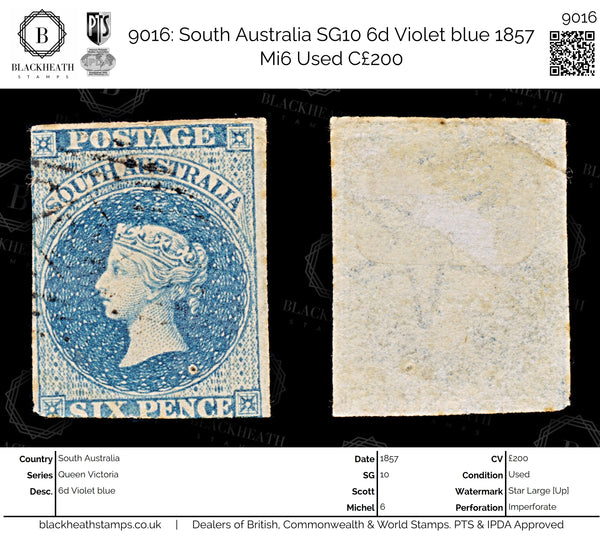 9016: South Australia SG10 6d Violet blue 1857 Mi6 Used C£200