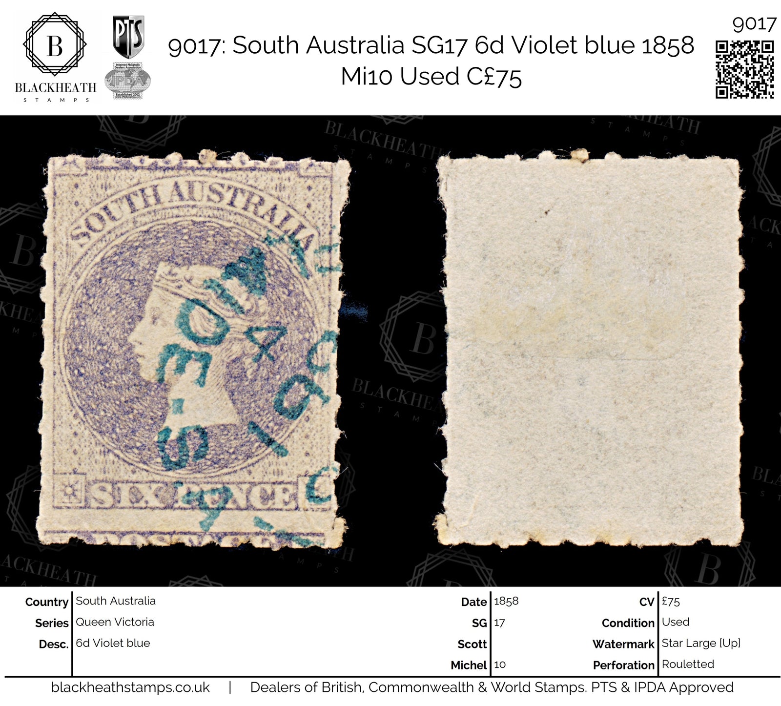 9017: South Australia SG17 6d Violet blue 1858 Mi10 Used C£75