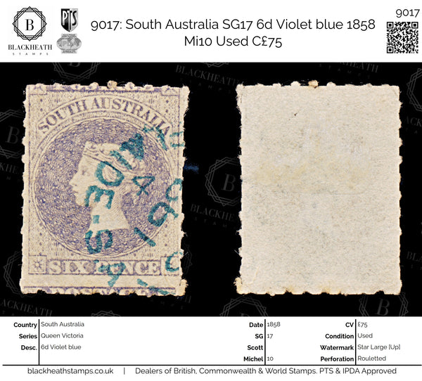 9017: South Australia SG17 6d Violet blue 1858 Mi10 Used C£75
