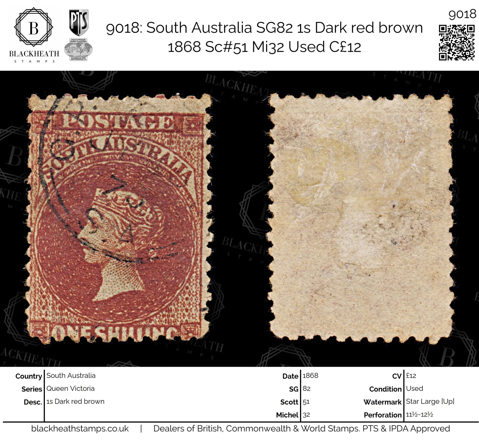 9018: South Australia SG82 1s Dark red brown 1868 Sc#51 Mi32 Used C£12