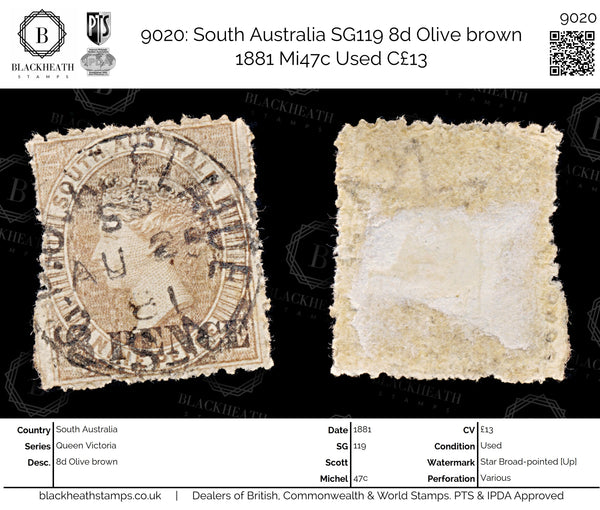 9020: South Australia SG119 8d Olive brown 1881 Mi47c Used C£13
