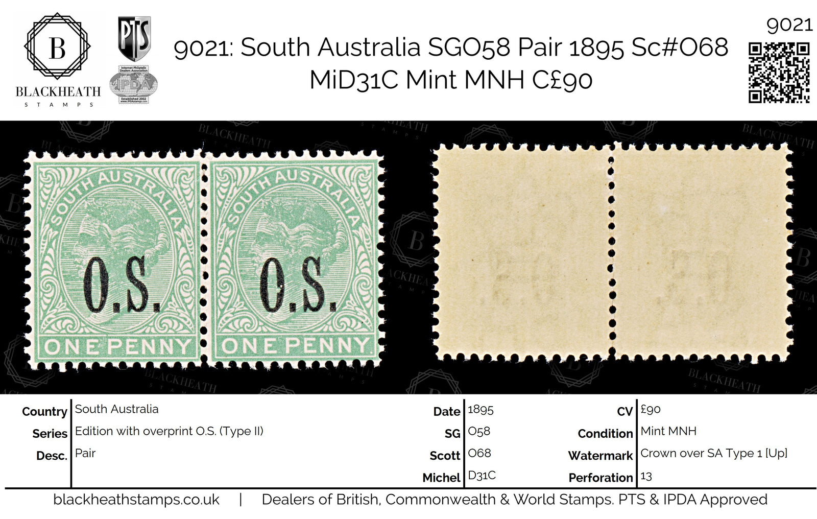9021: South Australia SGO58 Pair 1895 Sc#O68 MiD31C Mint MNH C£90
