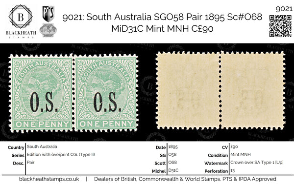9021: South Australia SGO58 Pair 1895 Sc#O68 MiD31C Mint MNH C£90