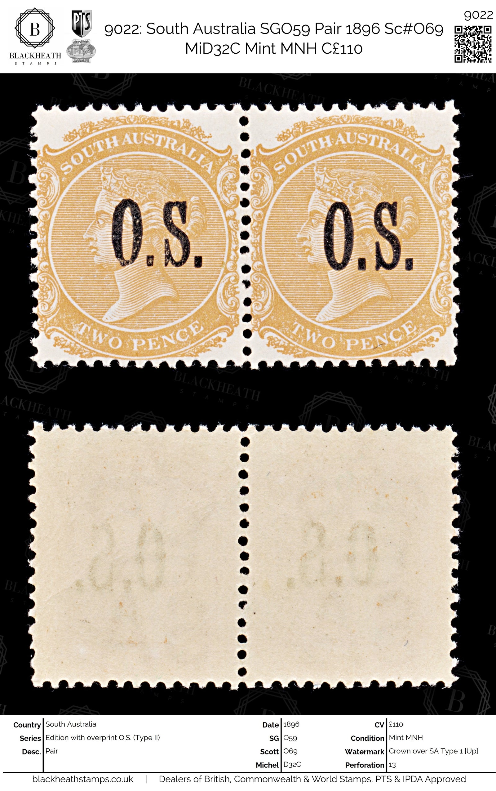 9022: South Australia SGO59 Pair 1896 Sc#O69 MiD32C Mint MNH C£110