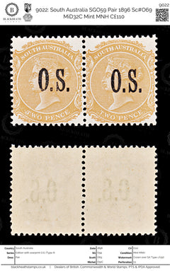 9022: South Australia SGO59 Pair 1896 Sc#O69 MiD32C Mint MNH C£110, view 1