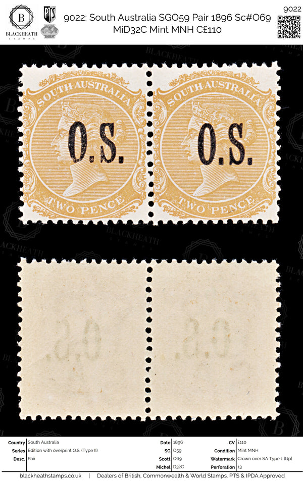 9022: South Australia SGO59 Pair 1896 Sc#O69 MiD32C Mint MNH C£110