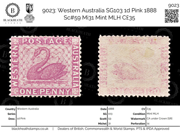 9023: Western Australia SG103 1d Pink 1888 Sc#59 Mi31 Mint MLH C£35