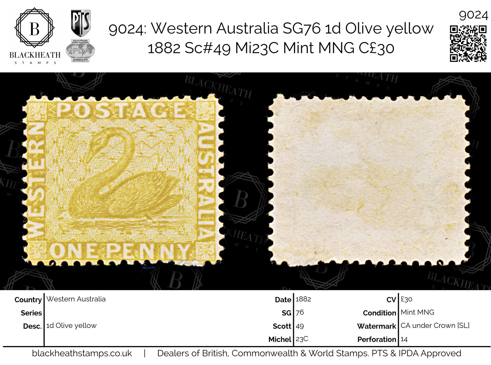 9024: Western Australia SG76 1d Olive yellow 1882 Sc#49 Mi23C Mint MNG C£30