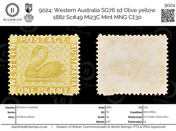 9024: Western Australia SG76 1d Olive yellow 1882 Sc#49 Mi23C Mint MNG C£30