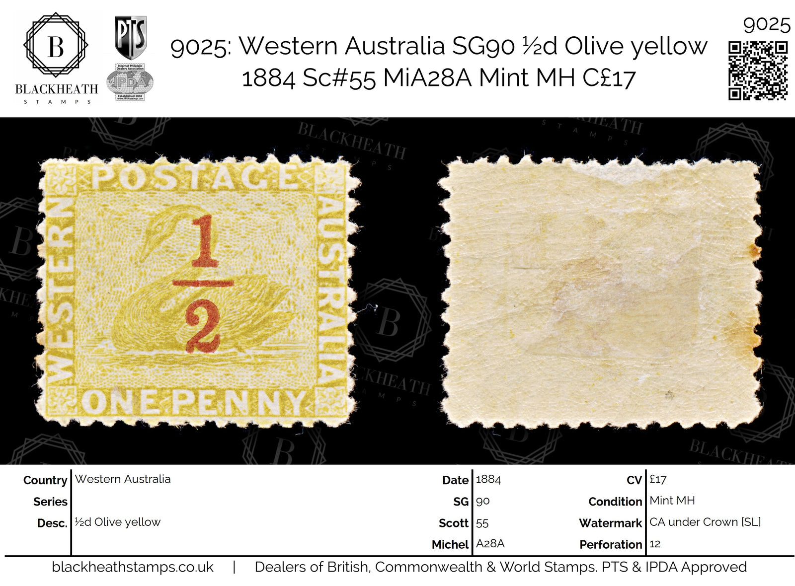 9025: Western Australia SG90 ½d Olive yellow 1884 Sc#55 MiA28A Mint MH C£17