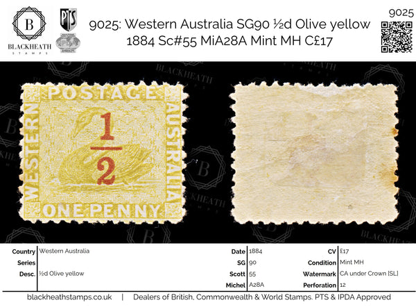 9025: Western Australia SG90 ½d Olive yellow 1884 Sc#55 MiA28A Mint MH C£17