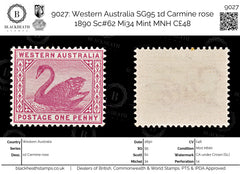 9027: Western Australia SG95 1d Carmine rose 1890 Sc#62 Mi34 Mint MNH C£48, view 1