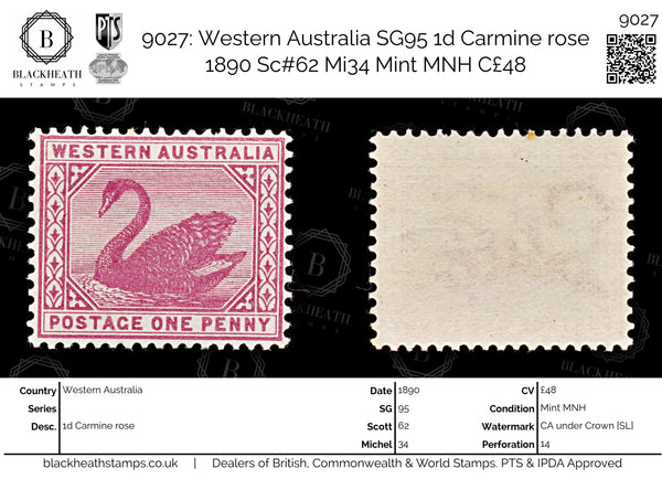 9027: Western Australia SG95 1d Carmine rose 1890 Sc#62 Mi34 Mint MNH C£48