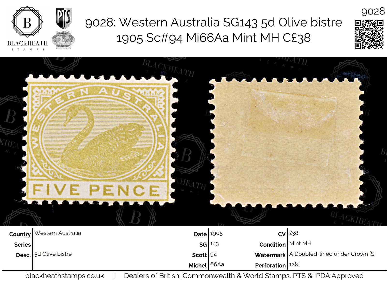 9028: Western Australia SG143 5d Olive bistre 1905 Sc#94 Mi66Aa Mint MH C£38