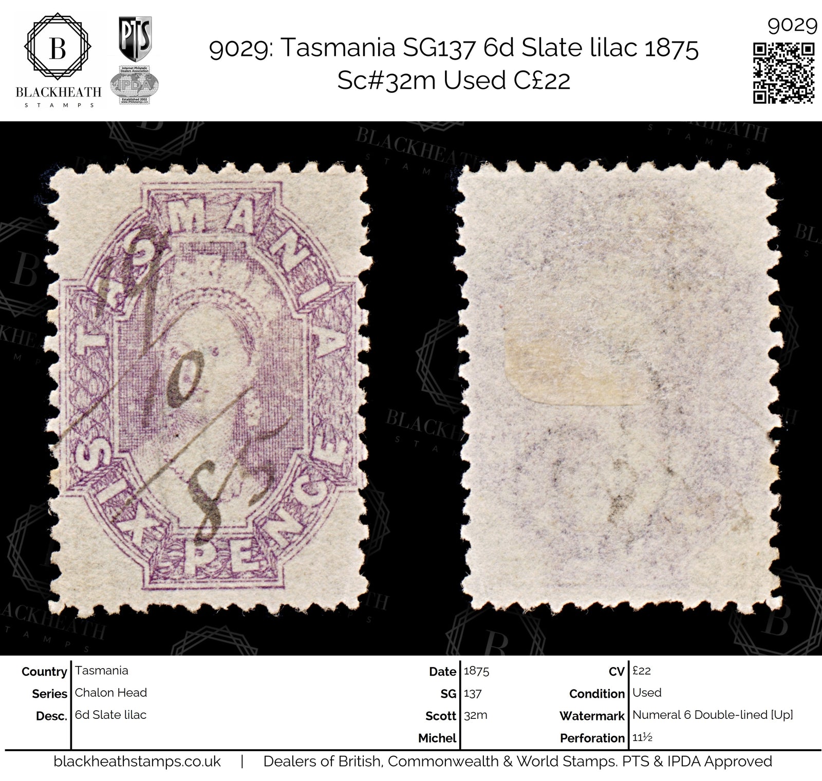 9029: Tasmania SG137 6d Slate lilac 1875 Sc#32m Used C£22
