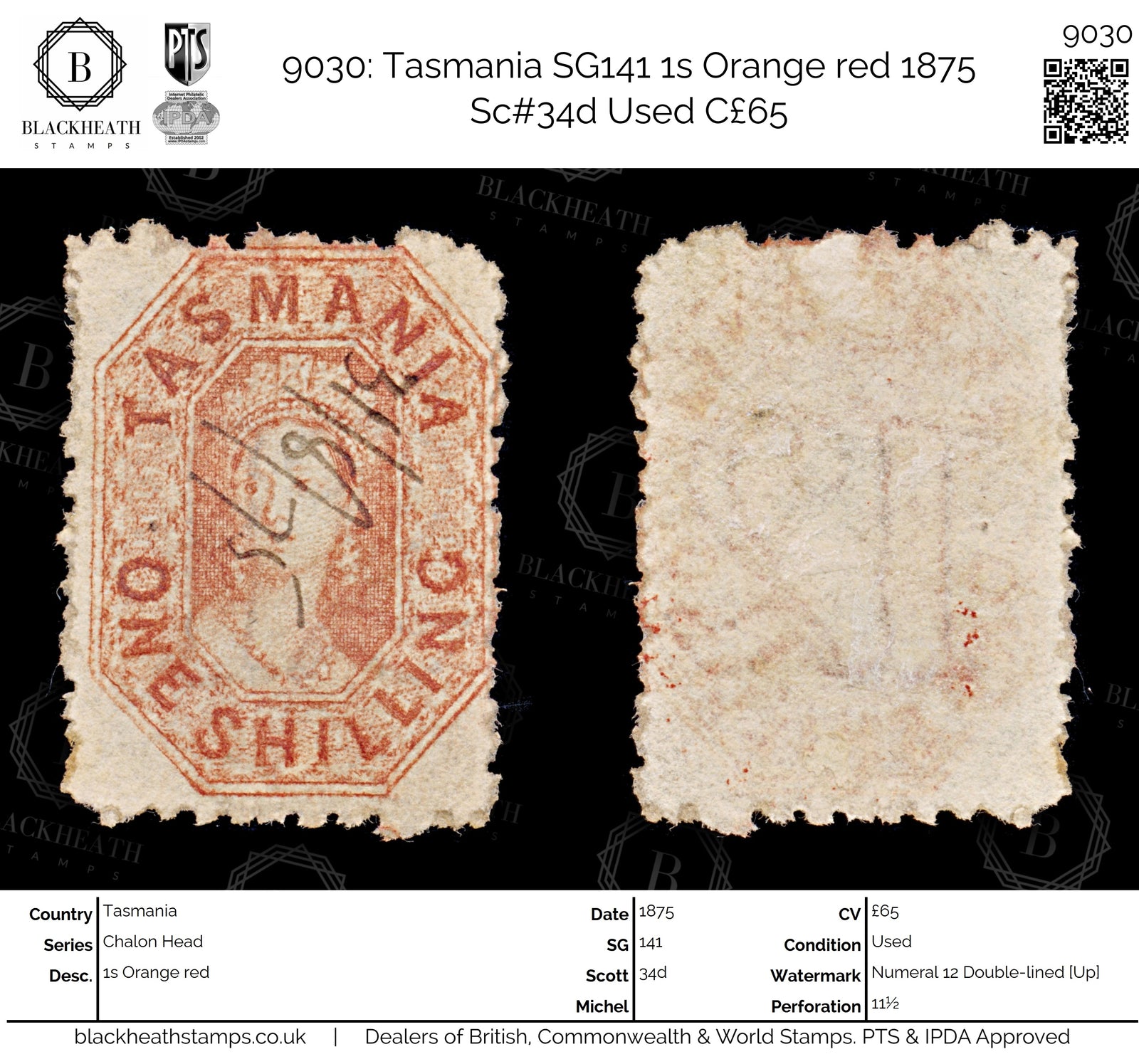 9030: Tasmania SG141 1s Orange red 1875 Sc#34d Used C£65