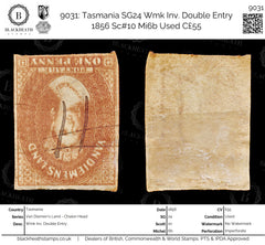 9031: Tasmania SG24 Wmk Inv. Double Entry 1856 Sc#10 Mi6b Used C£55, view 1