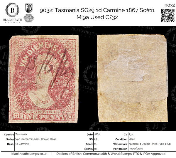 9032: Tasmania SG29 1d Carmine 1867 Sc#11 Mi9a Used C£32