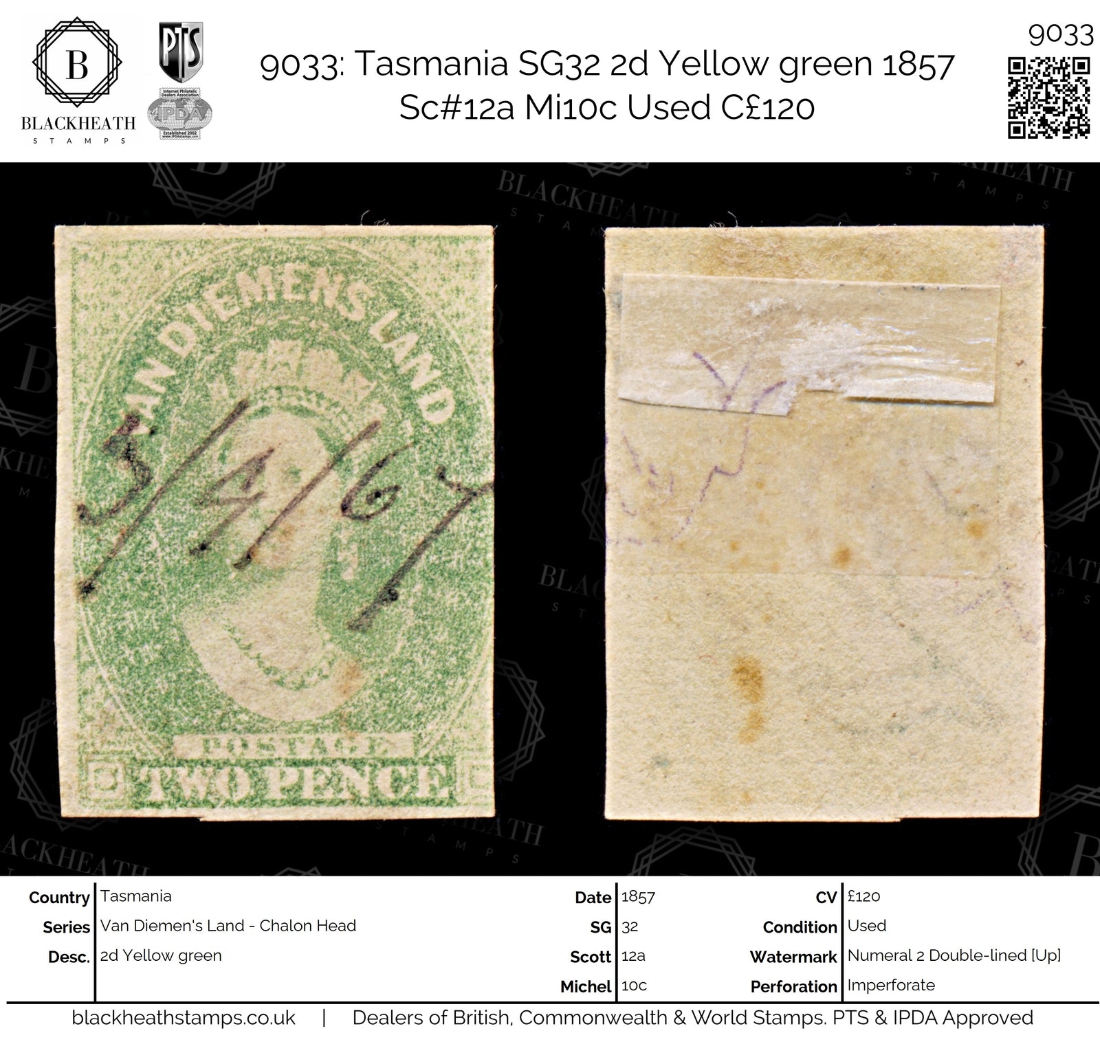 9033: Tasmania SG32 2d Yellow green 1857 Sc#12a Mi10c Used C£120