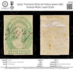 9033: Tasmania SG32 2d Yellow green 1857 Sc#12a Mi10c Used C£120, view 1