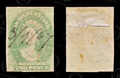 9033: Tasmania SG32 2d Yellow green 1857 Sc#12a Mi10c Used C£120, view 2