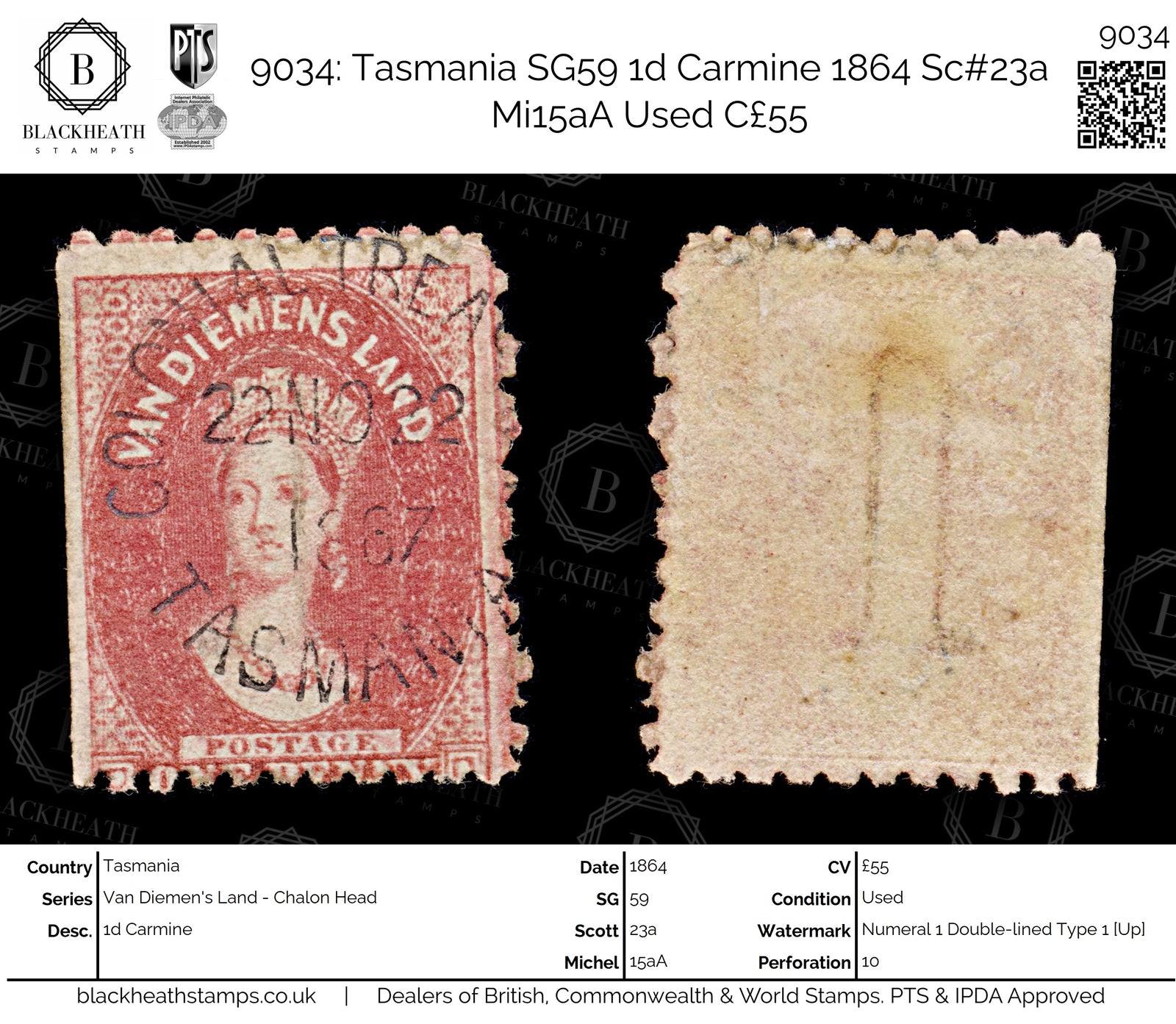 9034: Tasmania SG59 1d Carmine 1864 Sc#23a Mi15aA Used C£55