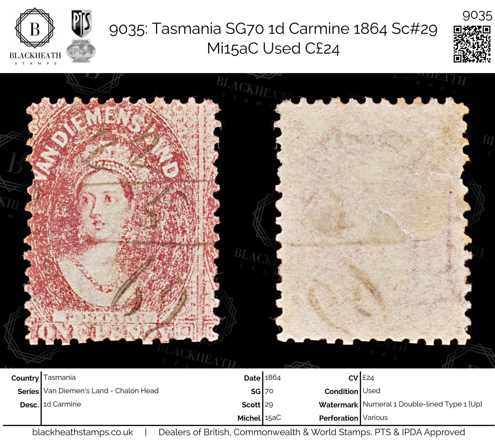 9035: Tasmania SG70 1d Carmine 1864 Sc#29 Mi15aC Used C£24