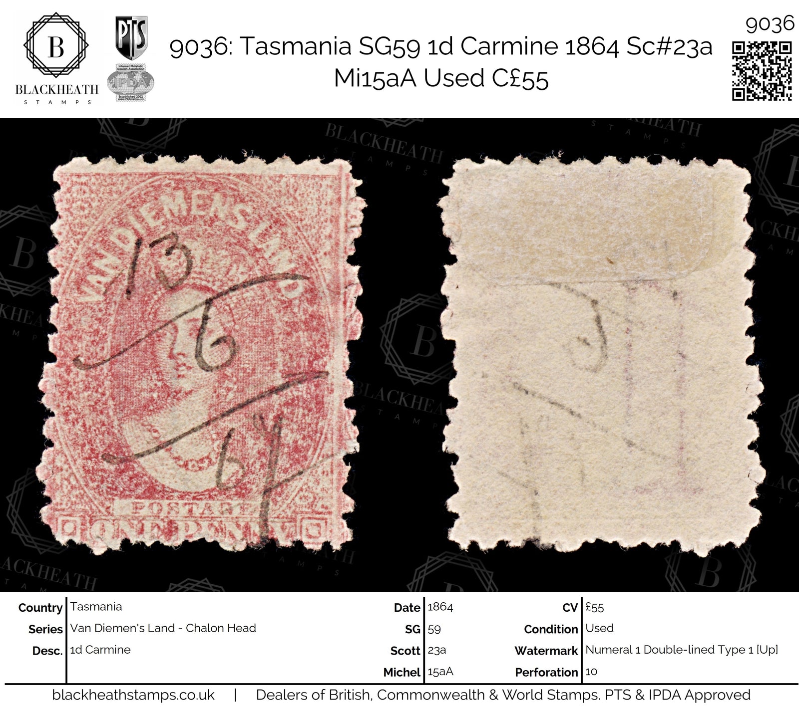 9036: Tasmania SG59 1d Carmine 1864 Sc#23a Mi15aA Used C£55