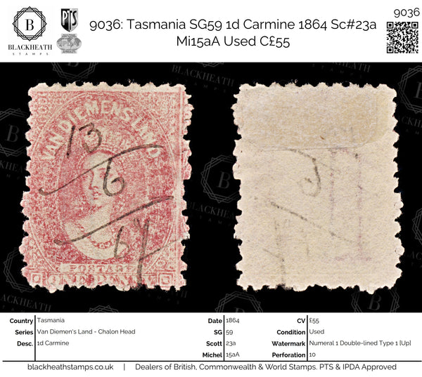 9036: Tasmania SG59 1d Carmine 1864 Sc#23a Mi15aA Used C£55