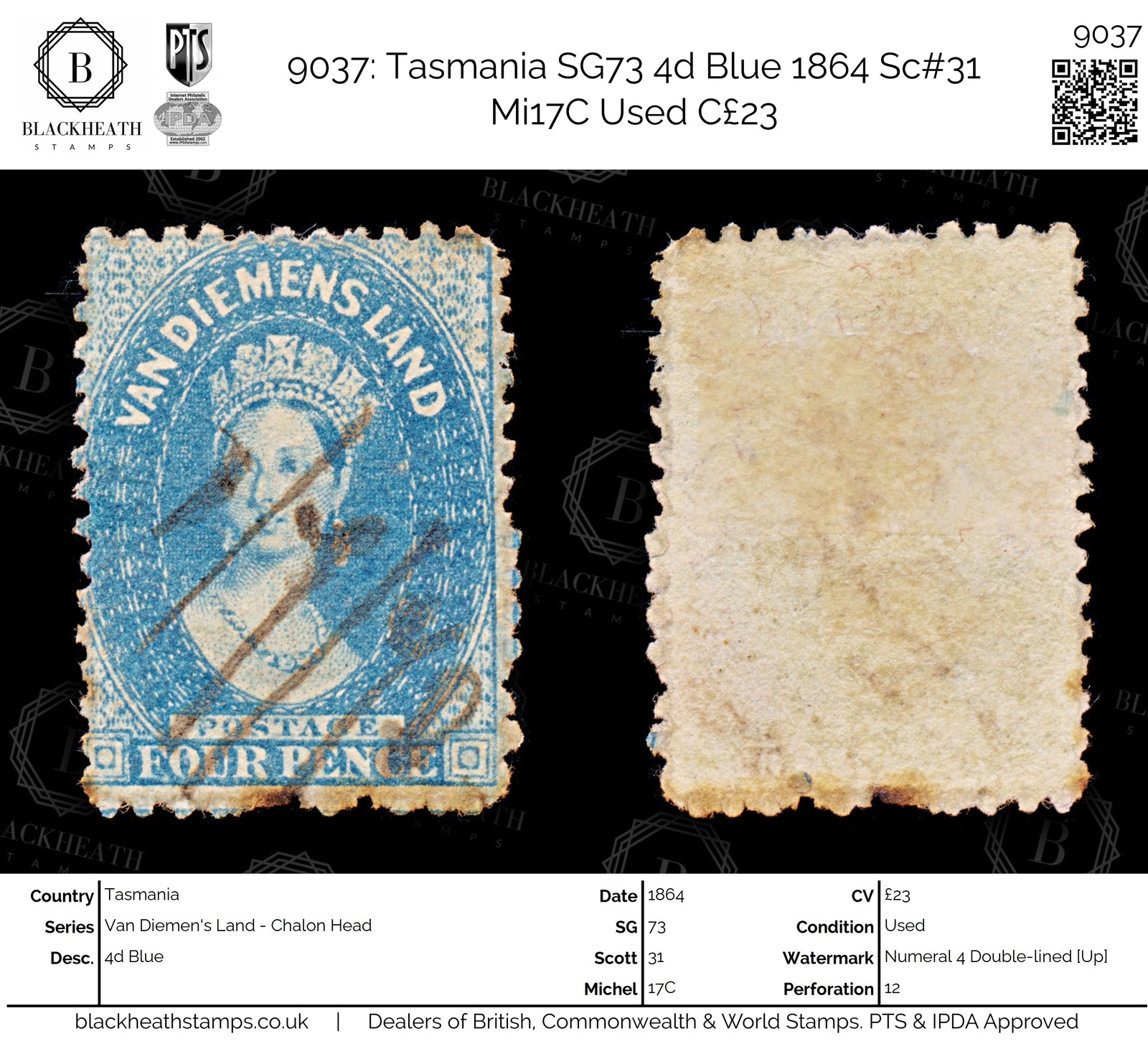 9037: Tasmania SG73 4d Blue 1864 Sc#31 Mi17C Used C£23