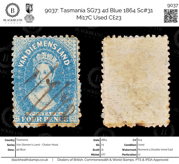 9037: Tasmania SG73 4d Blue 1864 Sc#31 Mi17C Used C£23