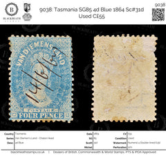 9038: Tasmania SG85 4d Blue 1864 Sc#31d Used C£55, view 1