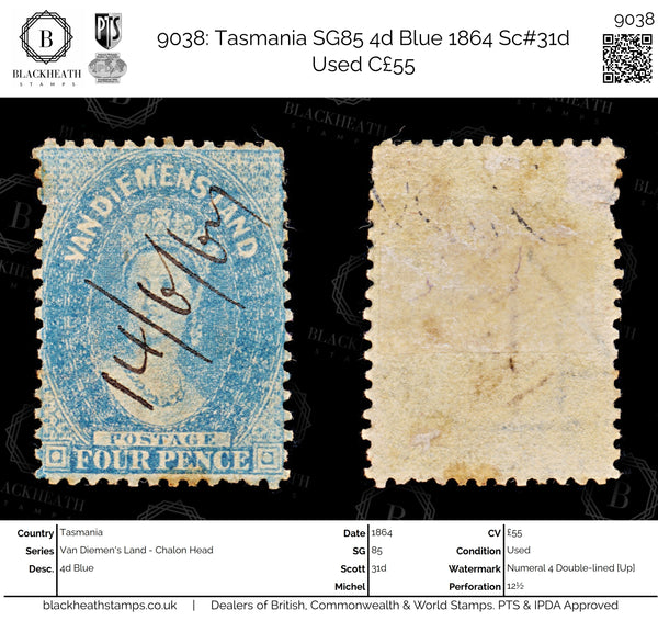9038: Tasmania SG85 4d Blue 1864 Sc#31d Used C£55