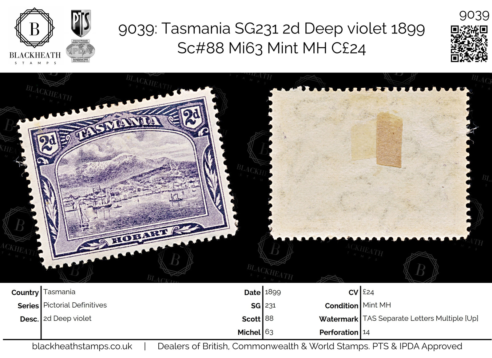 9039: Tasmania SG231 2d Deep violet 1899 Sc#88 Mi63 Mint MH C£24