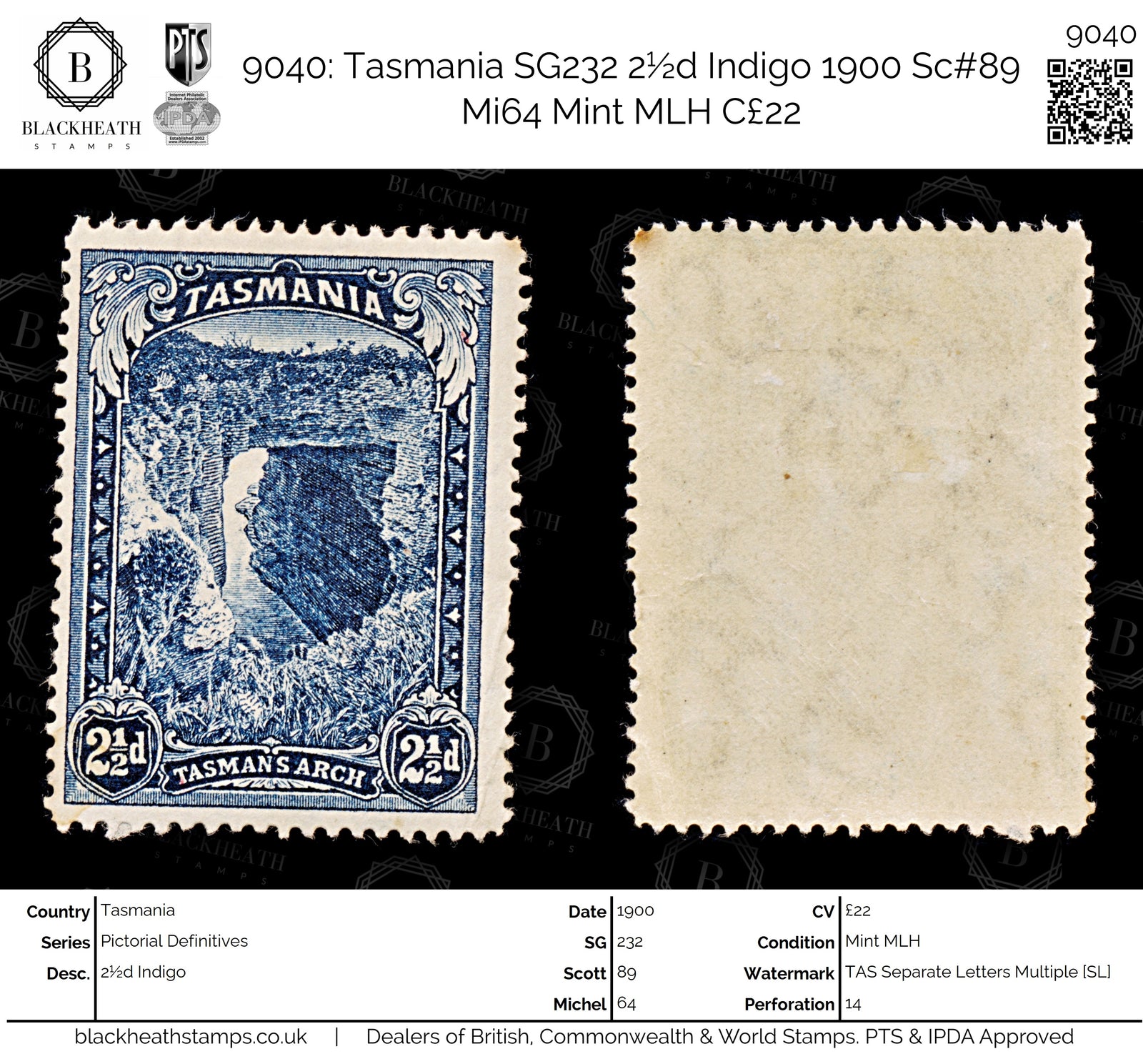 9040: Tasmania SG232 2½d Indigo 1900 Sc#89 Mi64 Mint MLH C£22
