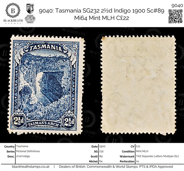 9040: Tasmania SG232 2½d Indigo 1900 Sc#89 Mi64 Mint MLH C£22