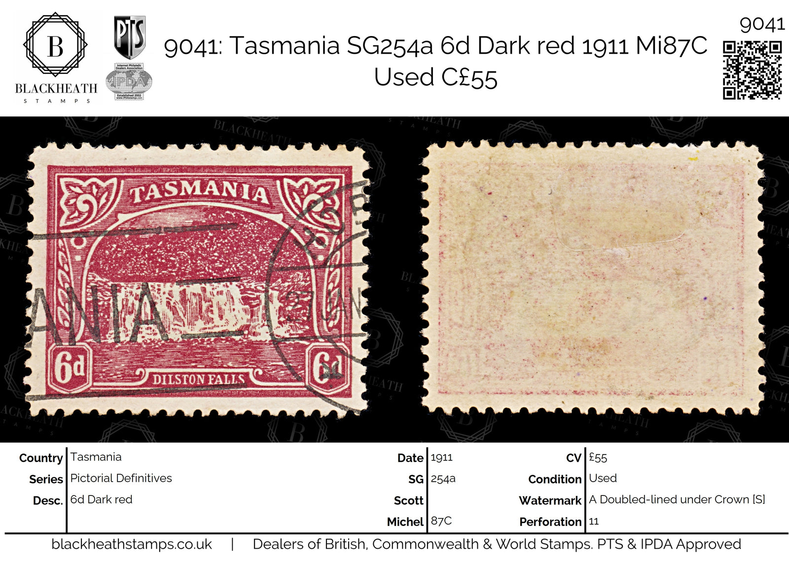 9041: Tasmania SG254a 6d Dark red 1911 Mi87C Used C£55