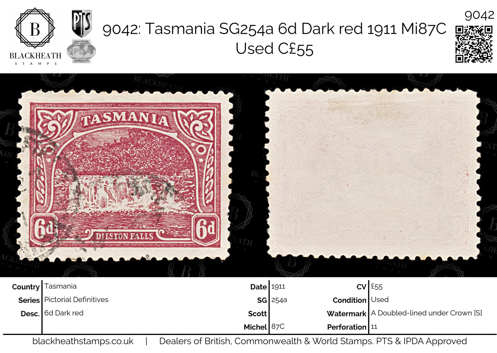 9042: Tasmania SG254a 6d Dark red 1911 Mi87C Used C£55