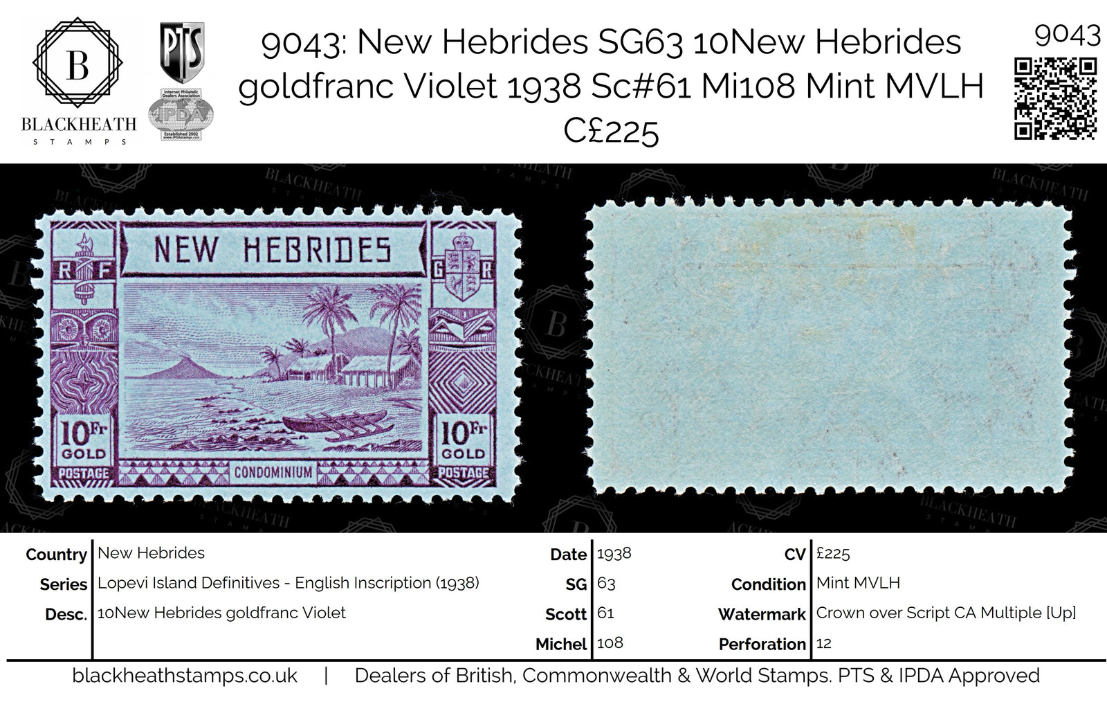 9043: New Hebrides SG63 10New Hebrides goldfranc Violet 1938 Sc#61 Mi108 Mint MVLH C£225