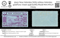 9043: New Hebrides SG63 10New Hebrides goldfranc Violet 1938 Sc#61 Mi108 Mint MVLH C£225, view 1
