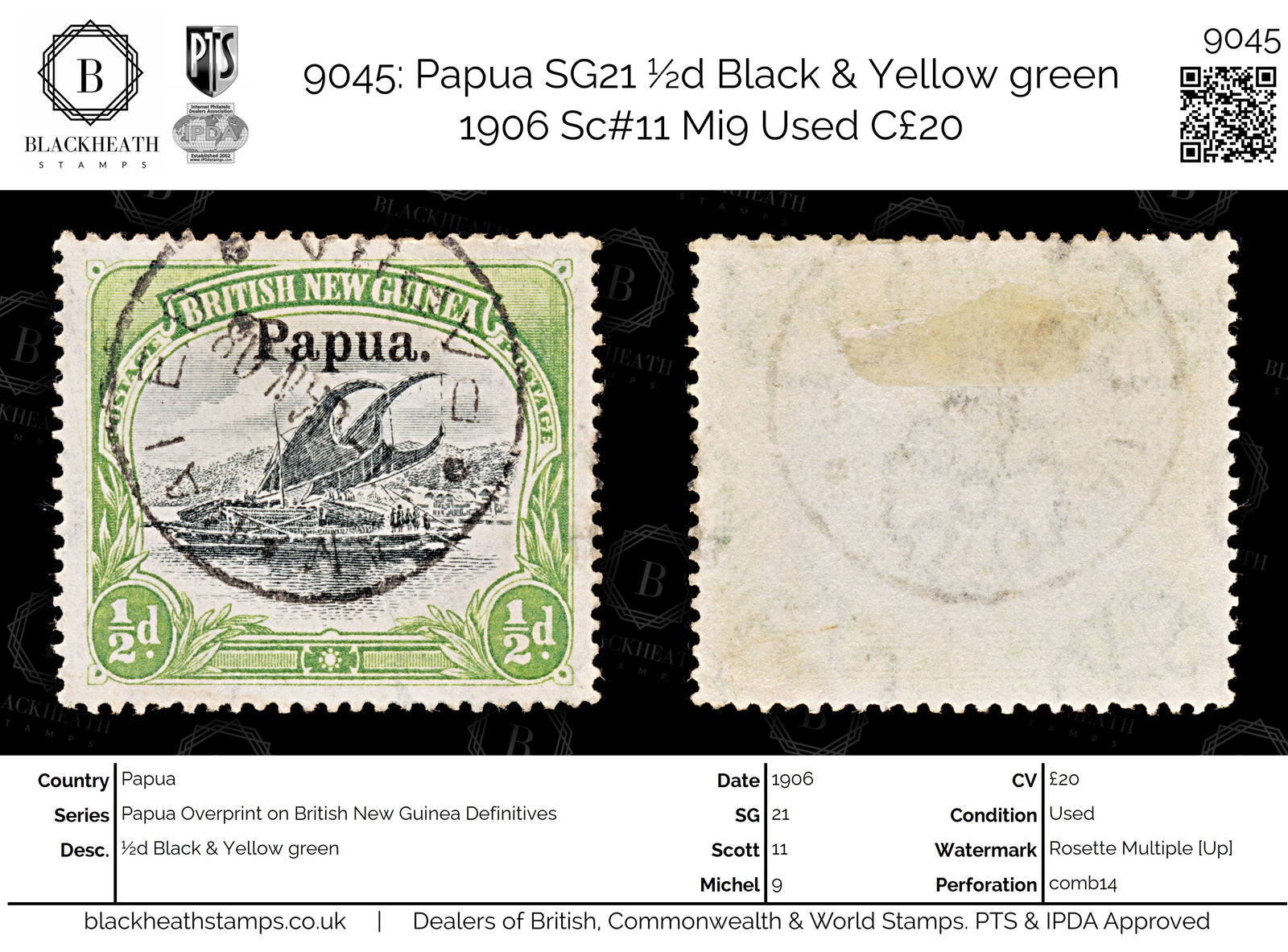 9045: Papua SG21 ½d Black &  Yellow green 1906 Sc#11 Mi9 Used C£20