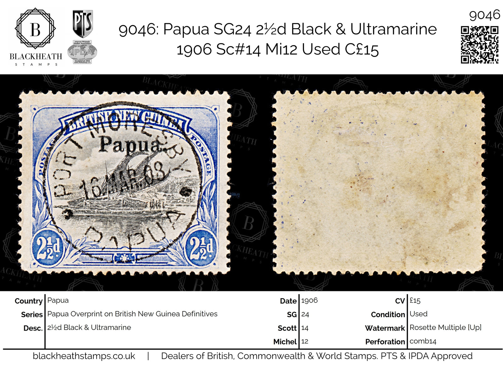 9046: Papua SG24 2½d Black &  Ultramarine 1906 Sc#14 Mi12 Used C£15