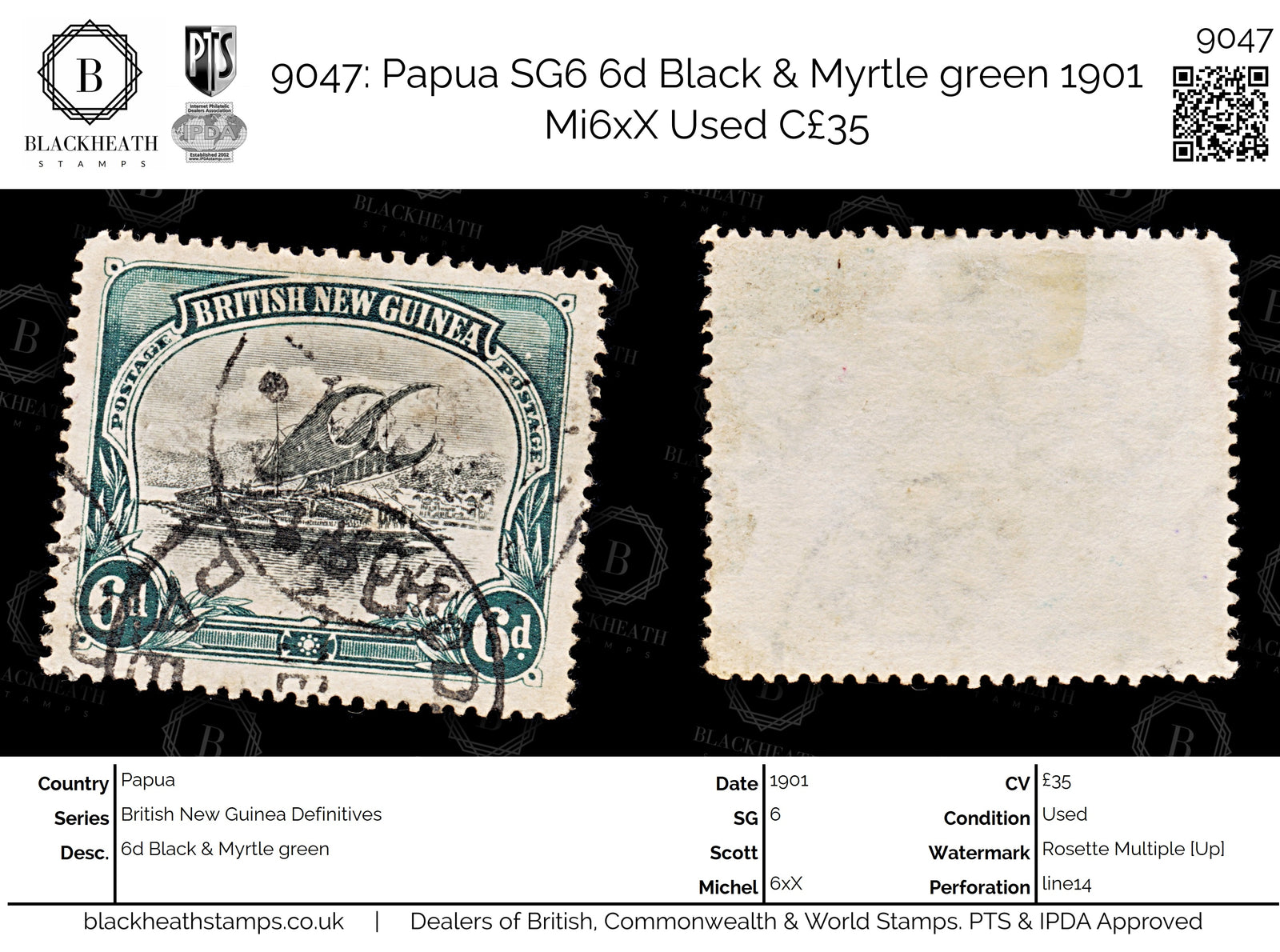 9047: Papua SG6 6d Black &  Myrtle green 1901 Mi6xX Used C£35